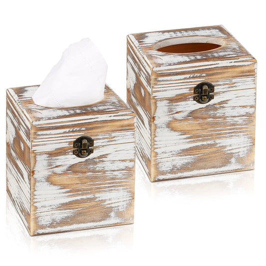 Pitmoly Square Tissue Box Cover, Wood Tissue Box Holder with Lid, Decorative Tissue Dispenser Organizer for Bathroom Vanity Countertop, Bedroom Dresser, Night Stand, Desk and Table (Pack of 2)