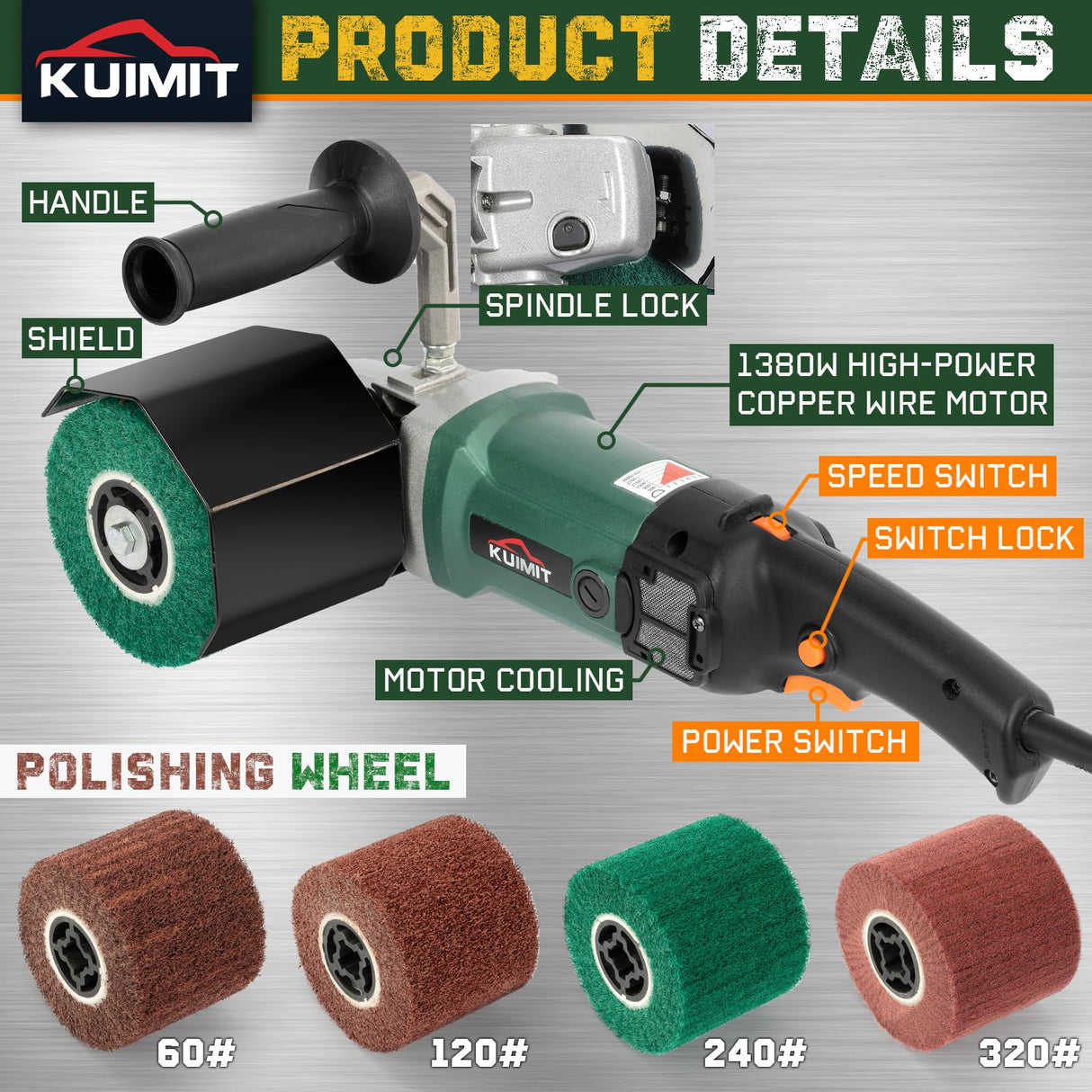 KUIMIT Handheld Metal Burnishing Machine,Electric Sander Polisher for Wood Stainless Steel Polishing,Lock Switch,Auxiliary Handle KUIMIT
