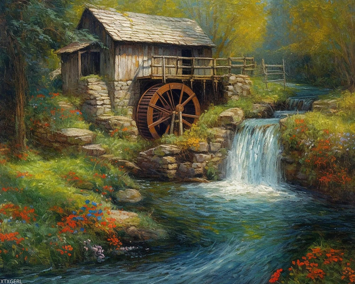 Waterfalls Scenery Paint by Numbers Kits with Brushes and Acrylic Pigment on Canvas Painting for Adults, Forest Log Cabin Waterwheels Arts Crafts for Home Decor Gifts 16''x20'' (DIY Frameless) XTXGERL