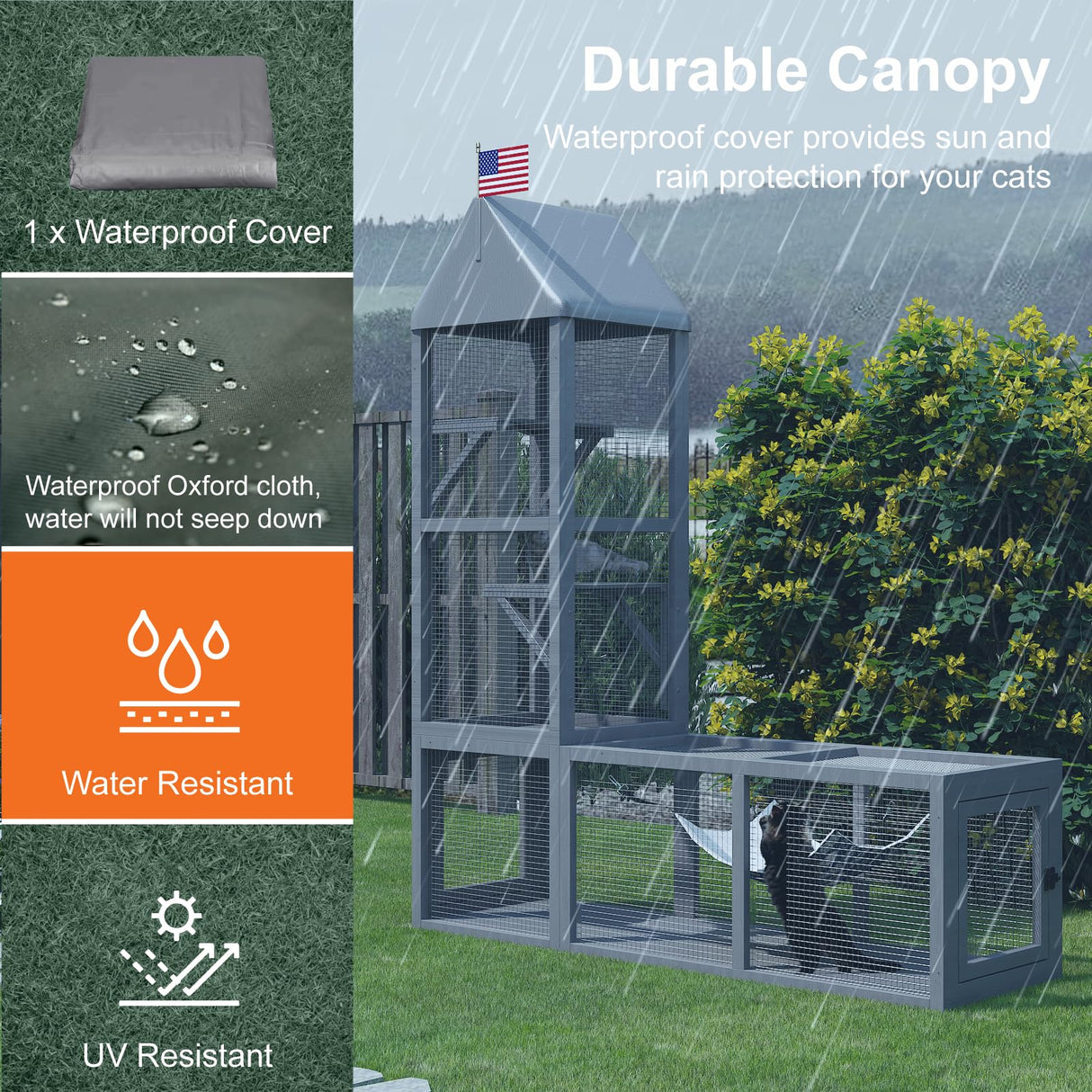 TIMHAKA Catio Outdoor Cat Enclosure with Tunnel, 2 in 1 Outside Pet Playground Include 1 Catio and 1 Tunnel, Cat Enclosure with Cats Hammock and Waterproof Cover, Indoor Outdoor Cats Cage with 2 Door TIMHAKA