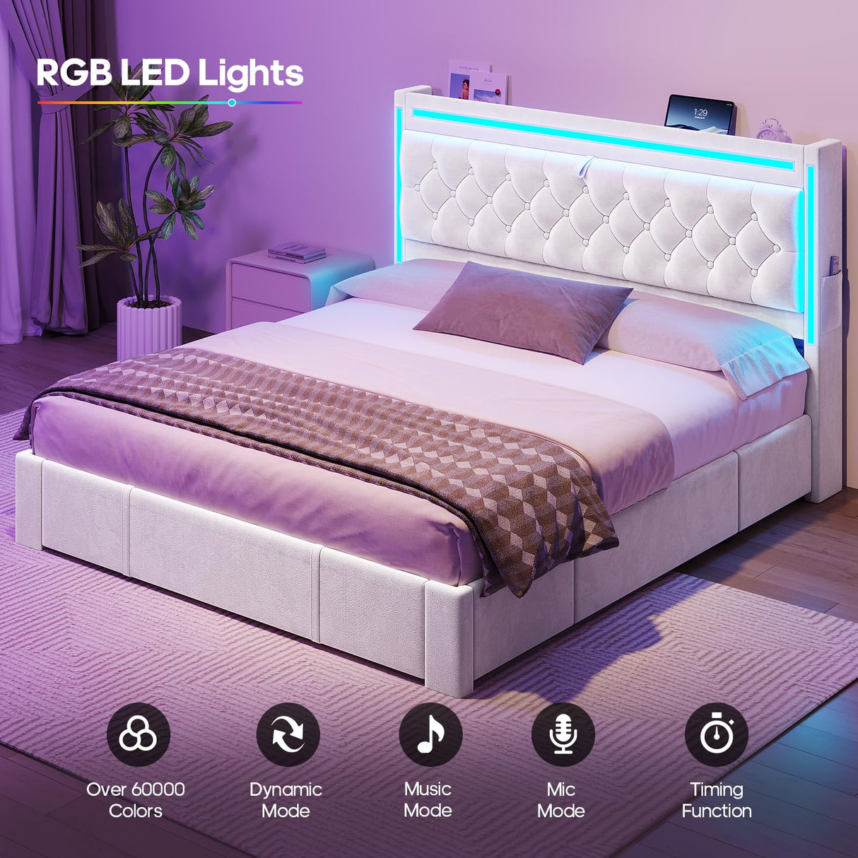 HAUOMS Queen Bed Frame with 3 XL Storage Drawers, Storage Headboard with RGB Lights & Charging Station, Velvet Upholstered Platform Bed Queen Size, No Box Spring Needed, Noise-Free, Creamy White HAUOMS