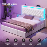 HAUOMS Queen Bed Frame with 3 XL Storage Drawers, Storage Headboard with RGB Lights & Charging Station, Velvet Upholstered Platform Bed Queen Size, No Box Spring Needed, Noise-Free, Creamy White HAUOMS