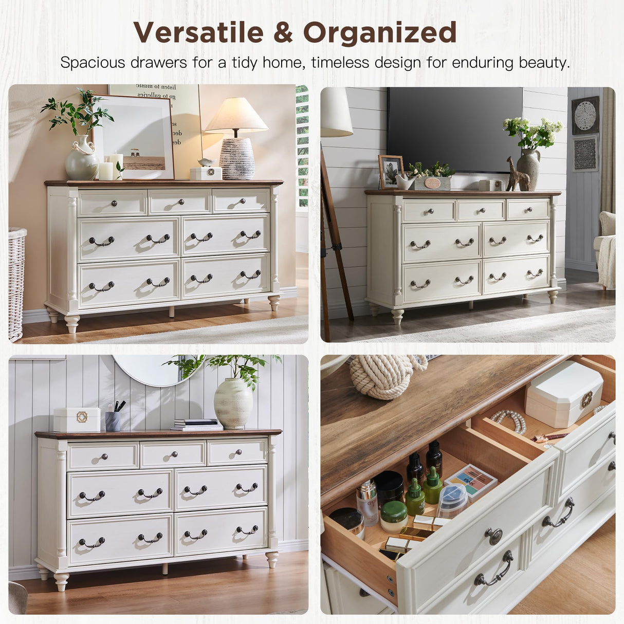 T4TREAM Farmhouse 7 Drawers Dresser Chests for Bedroom with 4 Solid Wood Feet, Tall Wide Wood Country Rustic Chest of Drawers, Storage Dressers for Bedroom, Living Room, Antique White T4TREAM