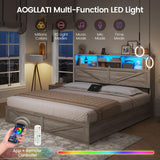 AOGLLATI Farmhouse Full Size Bed Frame with 4 Storage Drawers and Charging Station, Wooden Full Bed Frame with Hidden Space Bookcase Headboard and Led Lights & Metal Slats, Gray AOGLLATI