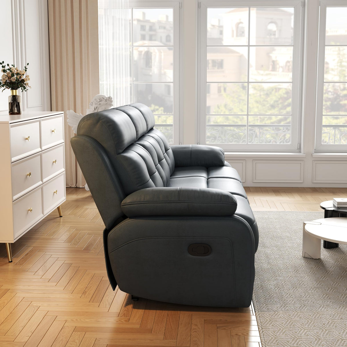 Familymill Genuine Leather Manual Reclining Sofa Couch with Drop Down Table, Stainless Steel Cupholders, and Magazine Bag for Living Room Home Theater Office Familymill