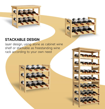 28-Bottle Wine Rack Free Standing Floor, Solid Wood 7-Tier Display Wine Storage Shelves with Tabletop, Wobble-Free Bottle Holder for Cellar Kitchen - WoodArtSupply