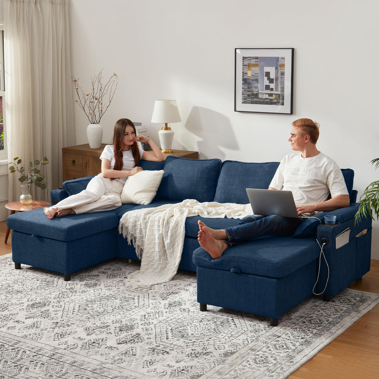 DURASPACE Sofa Bed Pull Out Couch Sleeper with Double Storage Chaise, U Shaped Convertible Sectional Sleeper Sofa for Living Room with USB Charging Ports, Cup Holder (Blue) DURASPACE