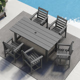 SERWALL Outdoor HDPE Dining Table Set, 7-Piece Outdoor Dining Table Sets with Umbrella Hole Cut-Out Table and 6 Chairs, Gray SERWALL