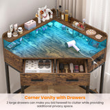 Cyclysio Corner Vanity Desk Without Mirror, Makeup Vanity Table with Lights & Power Outlets, Small Corner Vanity with Drawers for Bedroom,Small Spaces, Brown Cyclysio