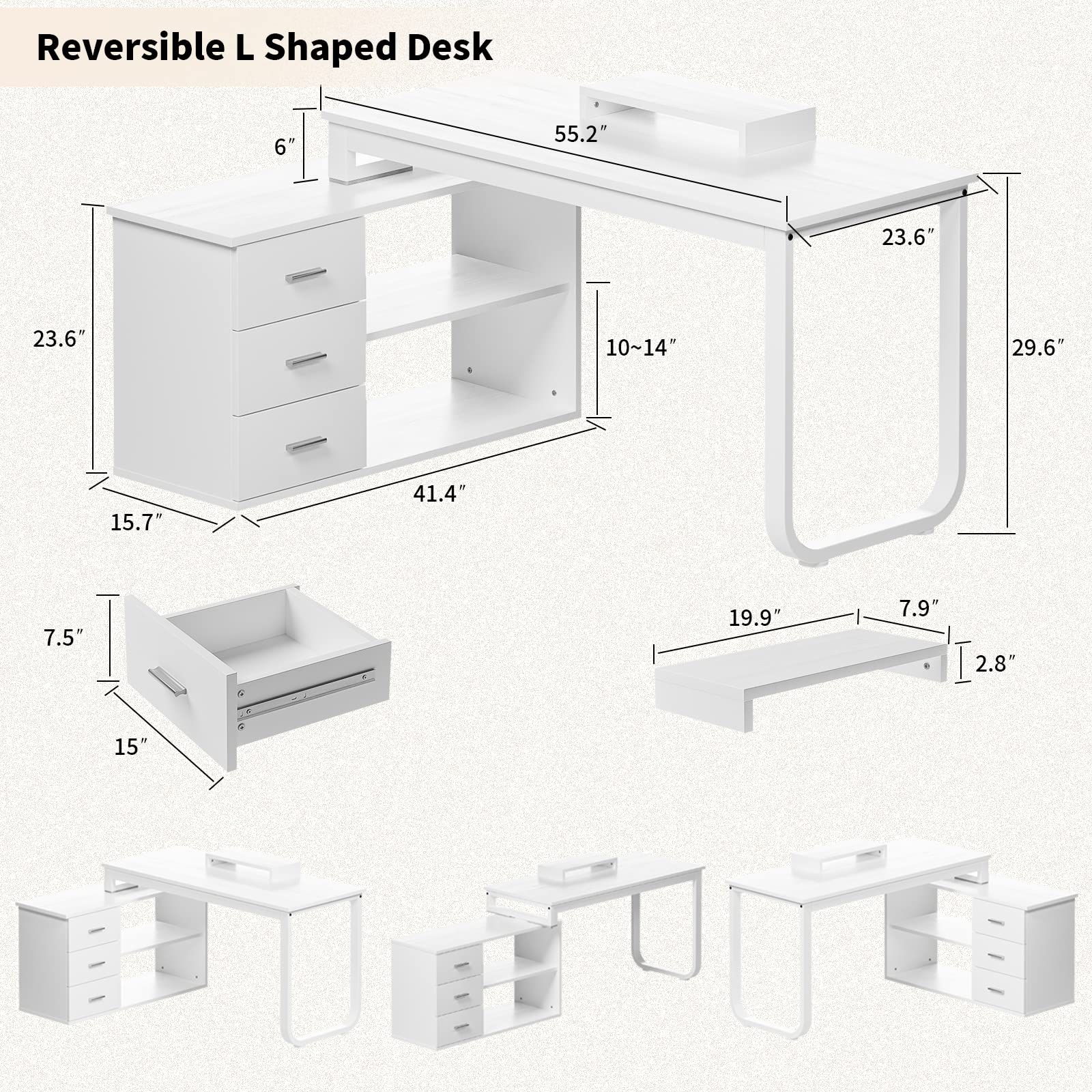 HOMBCK L Shaped Desk with Storage, White Desk Reversible L Shaped Desk with 3 Drawers and File Cabinet, Corner Desk with Hutch and Shelves, Long Computer Desk for Home Office, White - WoodArtSupply