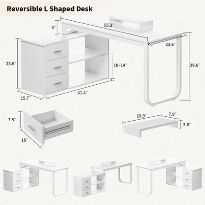 HOMBCK L Shaped Desk with Storage, White Desk Reversible L Shaped Desk with 3 Drawers and File Cabinet, Corner Desk with Hutch and Shelves, Long Computer Desk for Home Office, White - WoodArtSupply