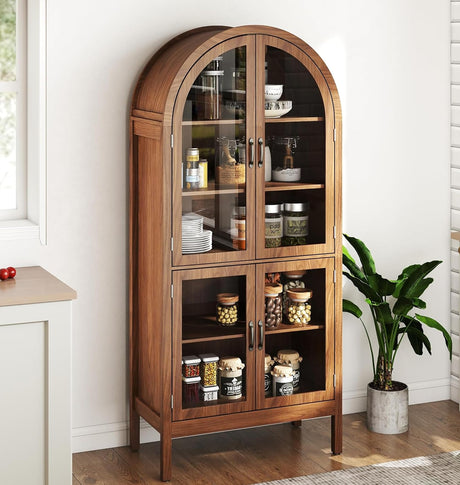 70.9'' Tall Arched Kitchen Pantry, Modern Farmhouse Wood Kitchen Pantry Storage Cabinets with Acrylic Glass Doors and Shelves, Versatile Cupboard for Dining Room, Bathroom, Living Room (Walnut) Limaoaio