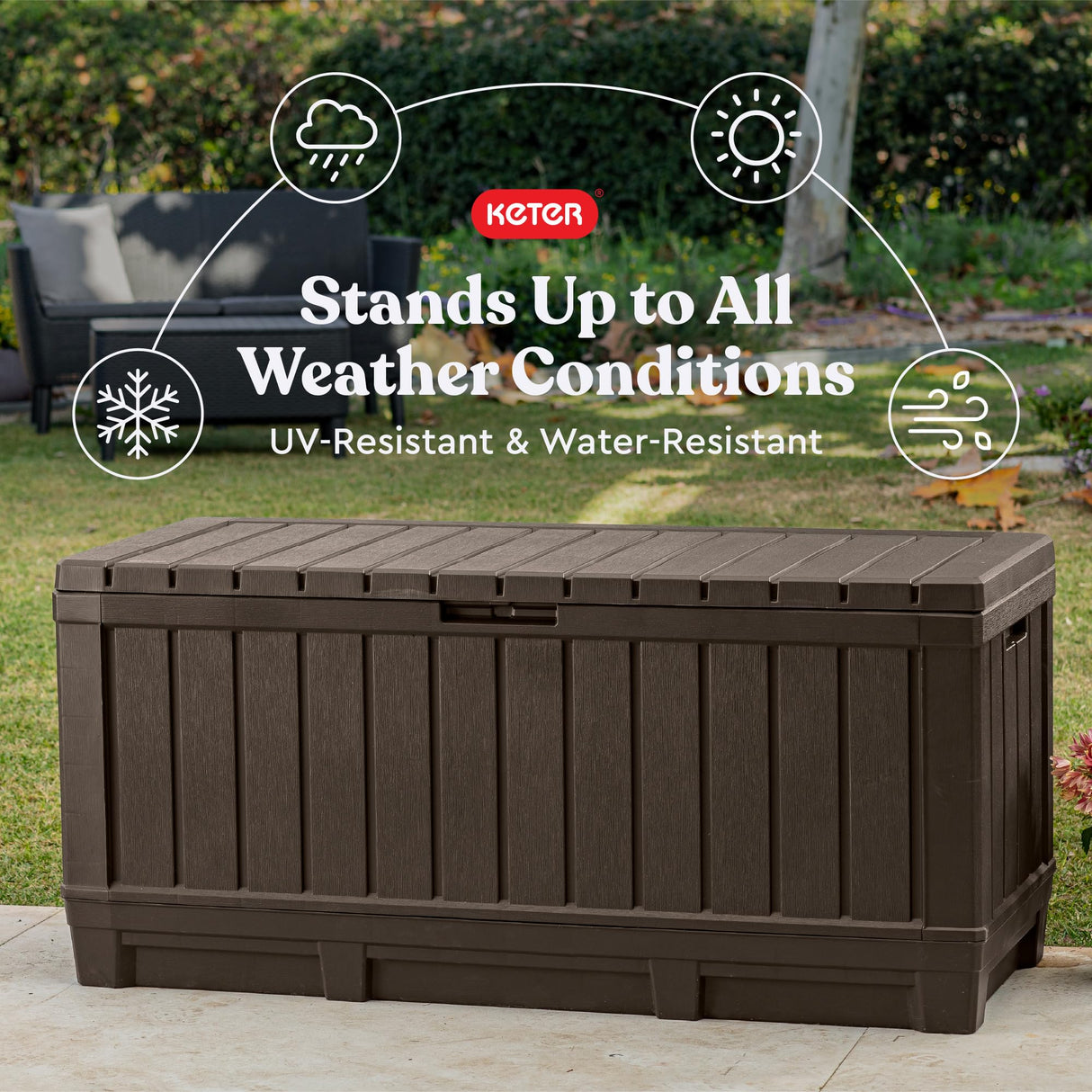Keter Kentwood 92 Gallon Resin Deck Box-Organization and Storage for Patio Furniture Outdoor Cushions, Throw Pillows, Garden Tools and Pool Floats, Brown Keter