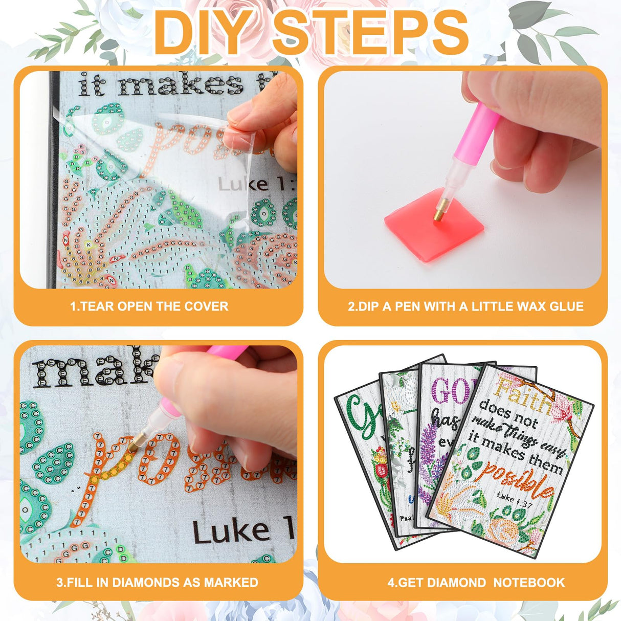 Ctosree 4 Pack A5 Bible Diamond Painting Notebook Christian Diamond Art Notebook, God is Within Her She Will Not Fall Inspirational Quotes Journal Leather Sketchbook with Tools for Gift Ctosree