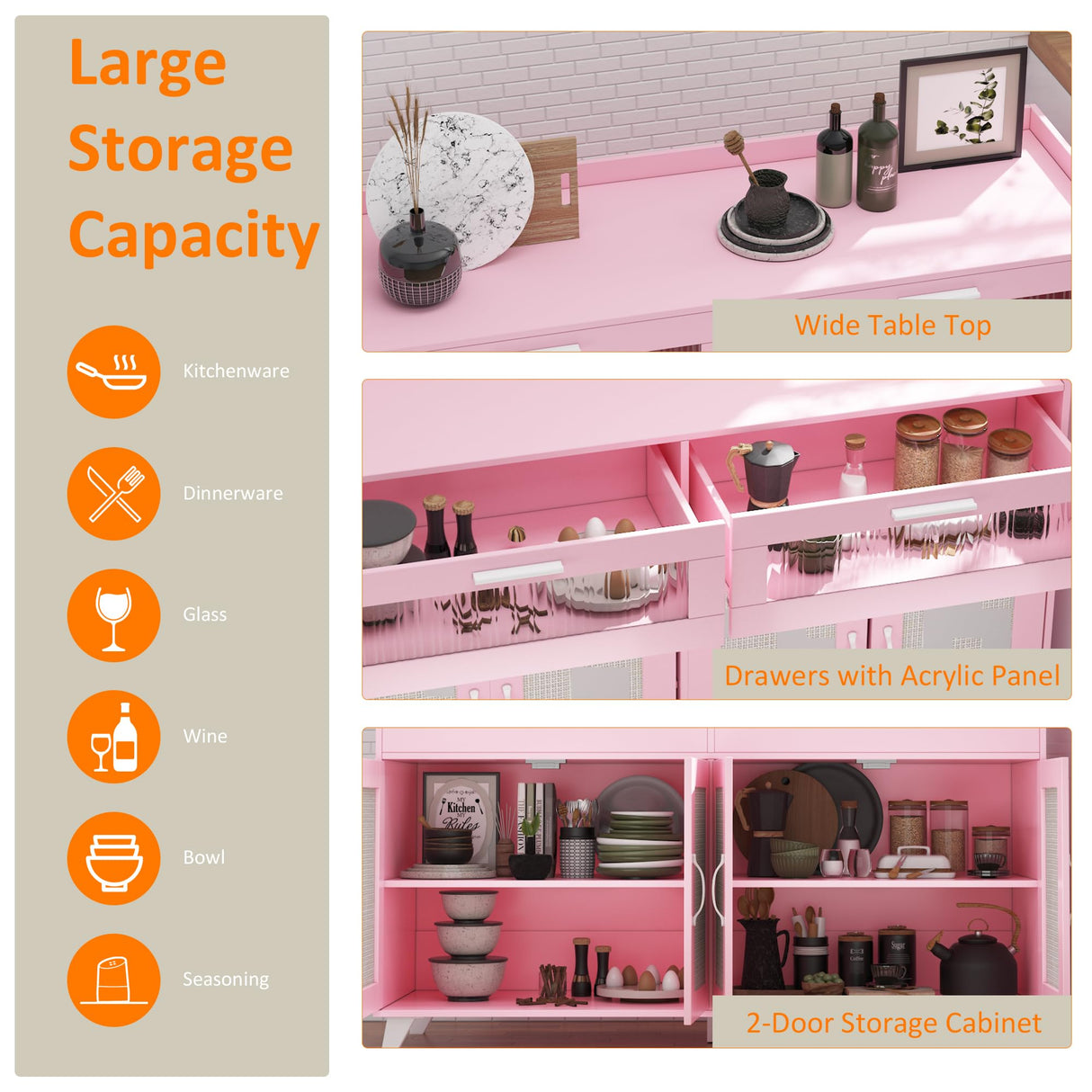 Sideboard Buffet Cabinet With LED Light & Power Outlet, Kitchen Storage Cabinet With 2 Acrylic-Board Drawers & 4 Rattan Doors, Coffee Bar Cabinet Wood Buffet Table for Kitchen, Dining Room (Pink) GarveeHome