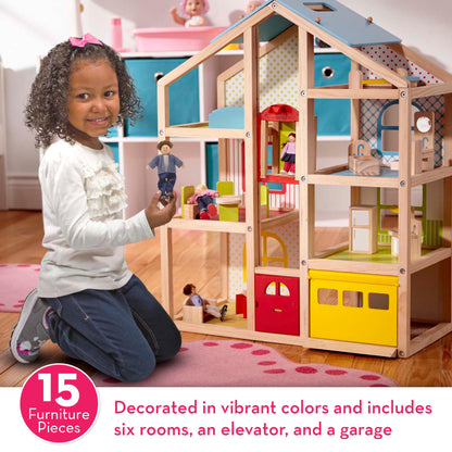 Melissa & Doug Hi-Rise Wooden Dollhouse With 15 pcs Furniture - Garage and Working Elevator - WoodArtSupply