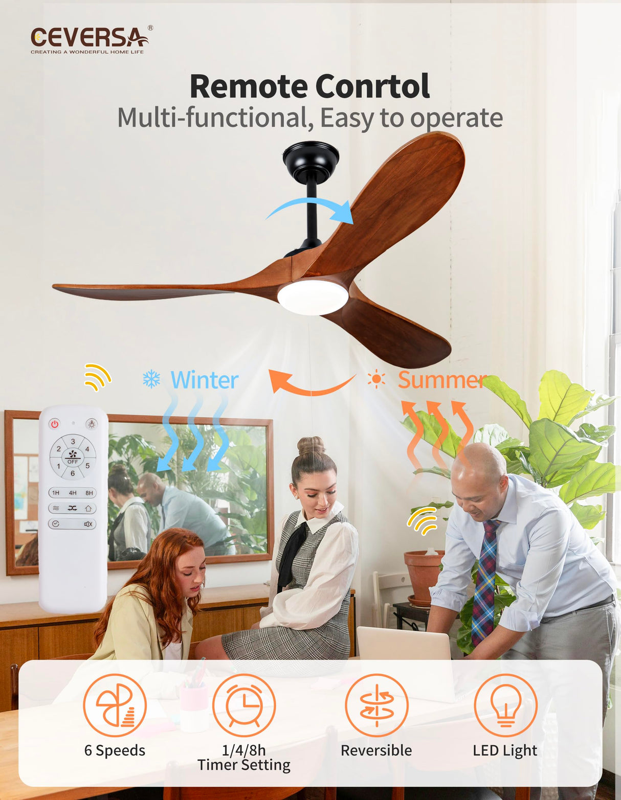 Ceversa 52 Inch Propeller Ceiling Fans with Lights and Remote,3 Blades Wood Rustic Ceiling Fans,Quiet Noiseless DC Motor,Outdoor Modern Ceiing Fans for Farmhouse,Living Room,Bedroom,Indoor,Walnut Ceversa