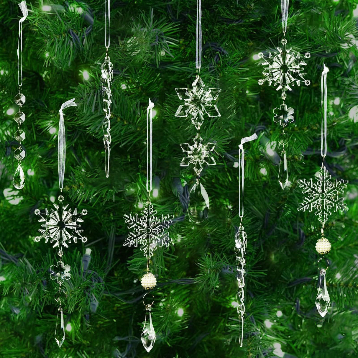 18pcs Christmas Tree Decoration Crystal Ornaments - Hanging Acrylic Christmas Snowflake Icicle Drop Crystal Ornaments for Xmas Tree Winter New Year Party Supplies OuMuaMua