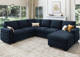 HONBAY Sectional Sleeper Sofa with Pull Out Bed U-Shape Sectional Couch Sleeper Bed with Storage Chaise Lounge Living Room 6 Seater Sectional Sofa,Velvet Dark Blue HONBAY