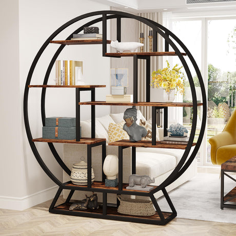 Tribesigns 63 Inch Rustic Brown Industrial Round Etagere Bookshelf with Staggered Shelves Tribesigns