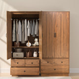 Jluomei Armoire Wardrobe Closet with Doors, Wardrobe Cabinet with 3 Drawers, Wooden Large Clothing Storage Cabinet with Hanging Rod and Shelf, Mid-Century Modern Tall Closet for Bedroom, Walnut Jluomei