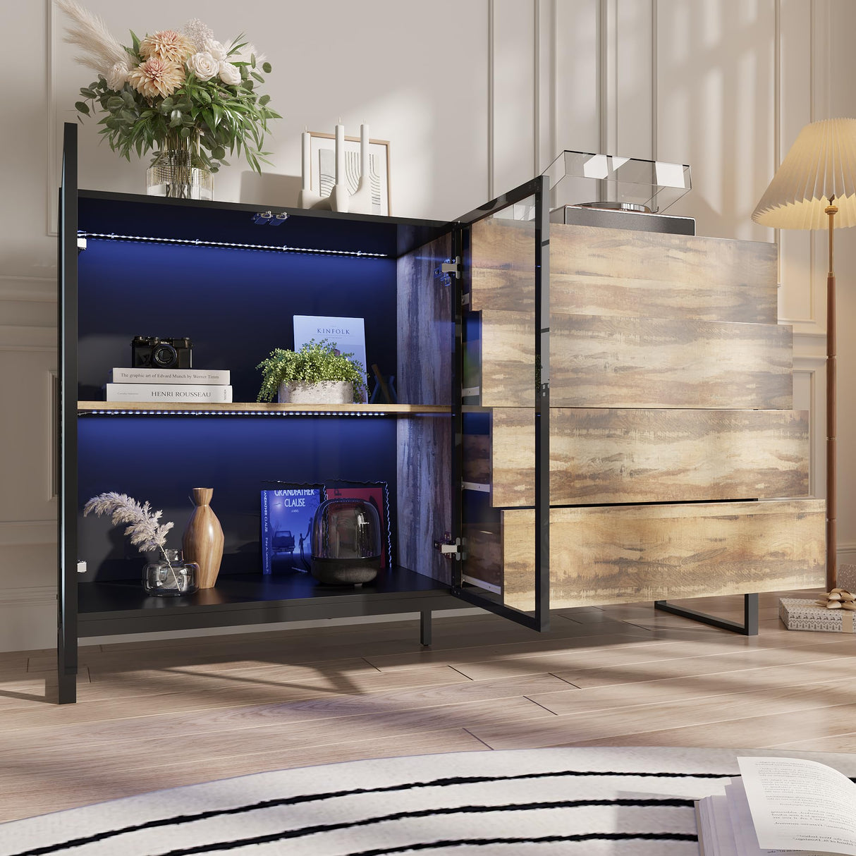 Hitow High Gloss Curio Display Cabinet for Collectibles, 63" W Lighted Bookshelf, Metal and Wood Bookshelf with Glass Doors & Drawers, Rustic Glass Display Case for Living Room, Black & Wood Grain Hitow