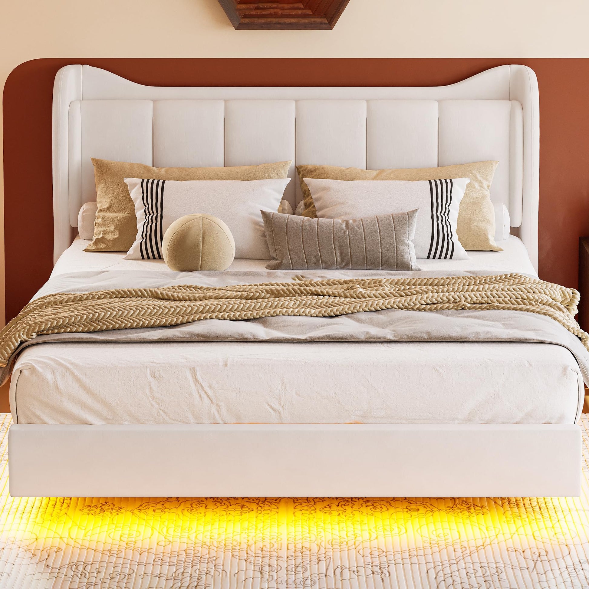 LIKIMIO Cream Floating King Bed Frame with Cat Ear Headboard & LED Lights - WoodArtSupply