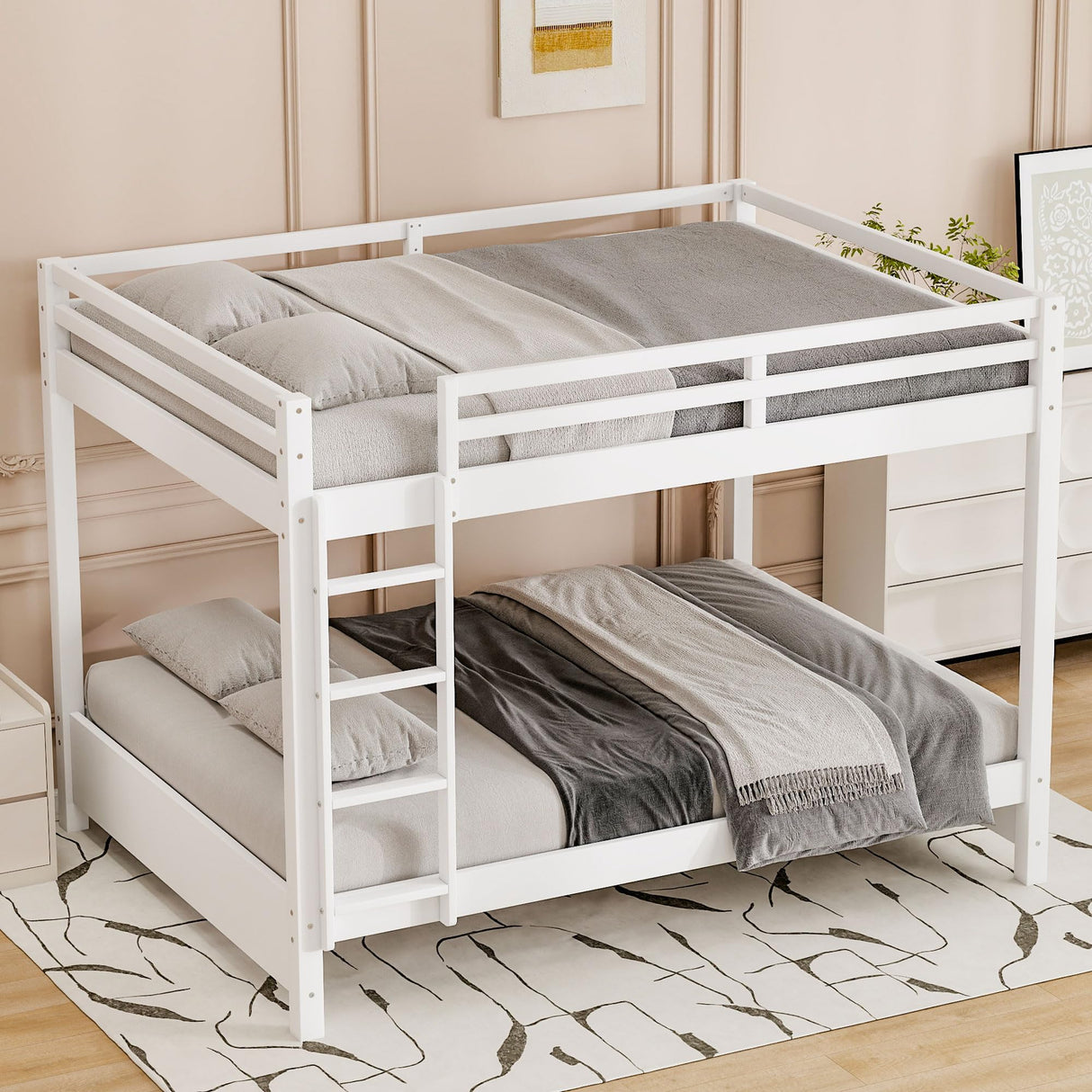 Queen Over Queen Bunk Bed with Ladders Solid Wood Bunk Beds with Guardrails Kids Bunk Bed Frame for Kids, Boys, Girls, No Spring Box Need, Pearly White Bellemave