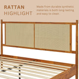 Bme Oliver Headboard Queen Size Bed Frame - 15-Inch Signature Design with Rattan Headboard, Bohemian and Mid Century Style, 12-Slat Wood Support, No Box Spring Needed - Easy Assembly, Caramel Bme