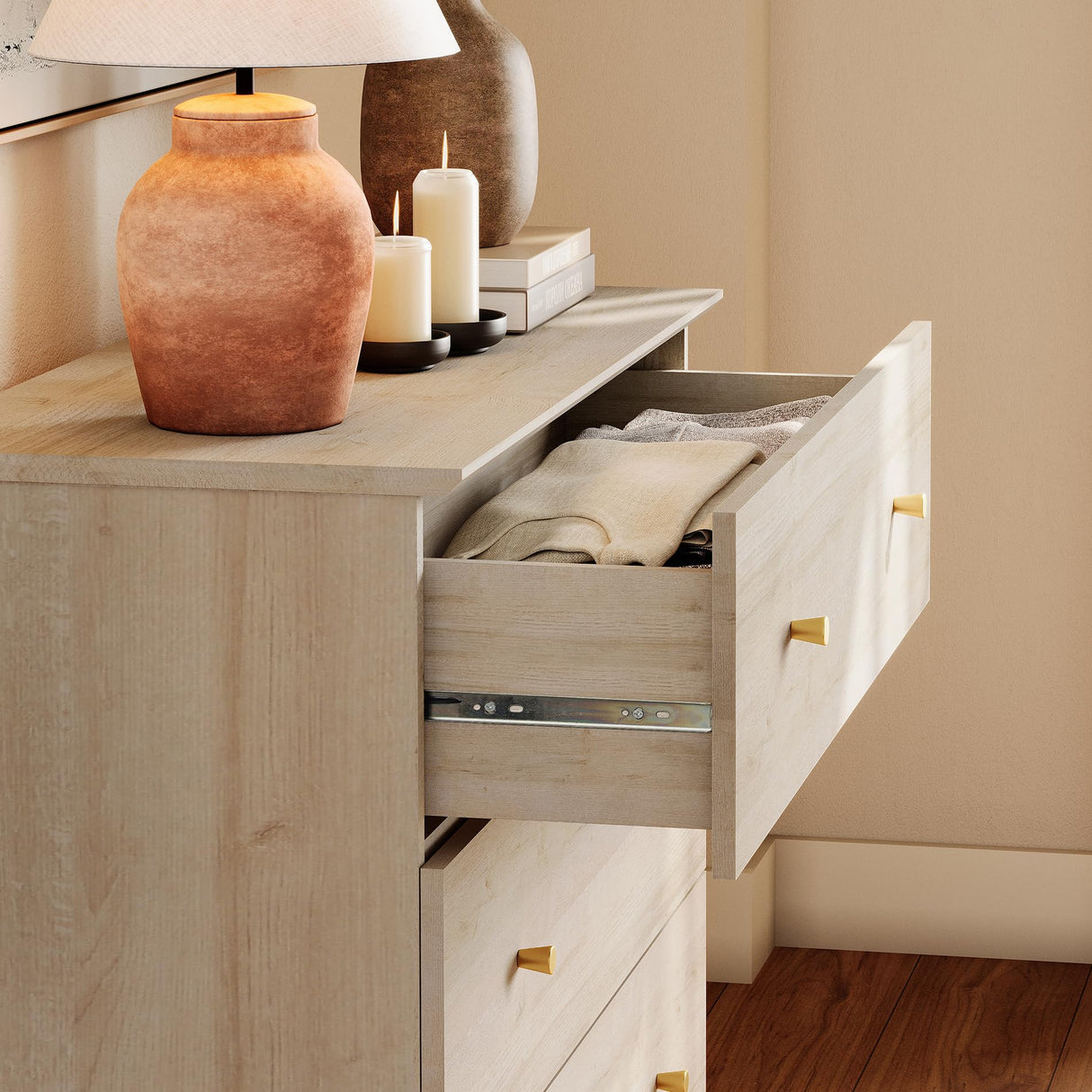 WAMPAT 3-Drawer Kids Dresser for Bedroom, Modern Small Chest of Drawers with Gold Knobs, 35 Inch Wide Light Oak Wood Children Dresser for Baby Room, Nursery, Living Room WAMPAT