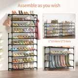 LANTEFUL 10 Tiers Shoe Rack 50 Pairs Large Capacity Tall Shoe Organizer Sturdy Shoe Storage with Two Hooks Space Saving Metal Wide Shoe Rack for Closet, Entryway, Bedroom, Black LANTEFUL