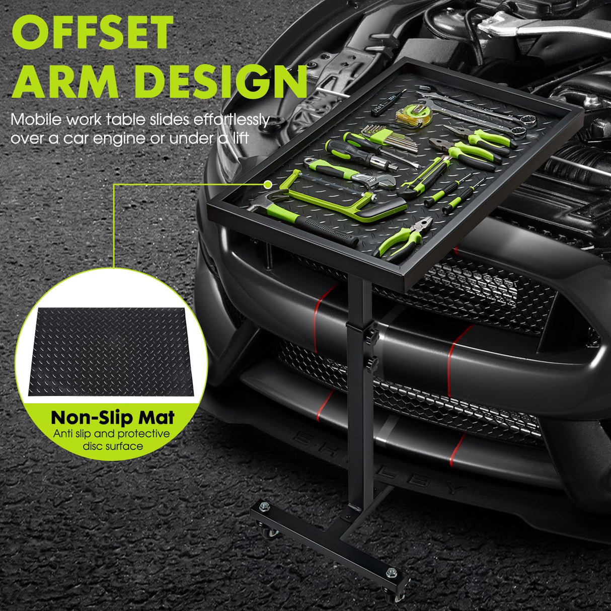 OLBRUS Adjustable Work Table with Wheels, Mechanic Rolling Tool Tray Table for Garage Repair Shops DIY, 220LBS Capacity Mobile Heavy Duty Steel Tool Cart OLBRUS