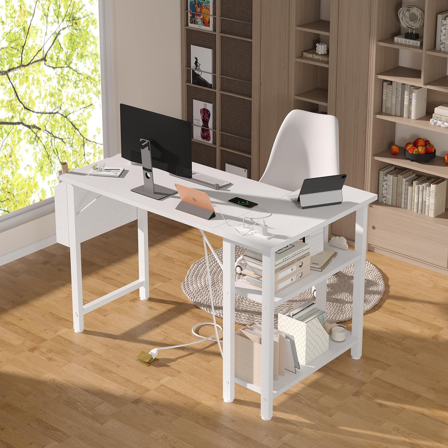 DLisiting White L Shaped Computer Desk with Power Outlet Shelves, 40 Inch Small Corner Desk for Small Space Home Office, Study Work PC Desks for Bedroom, White