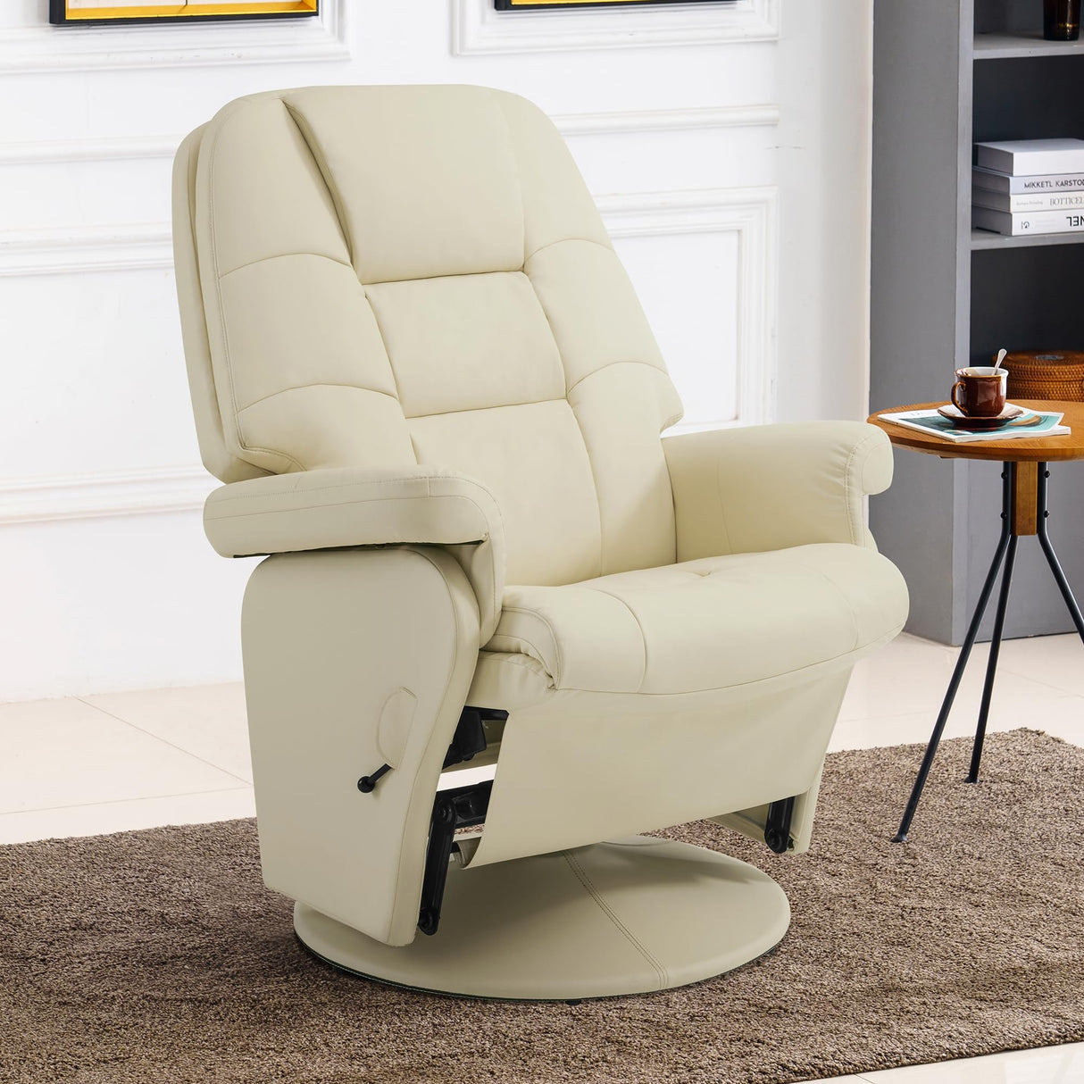 MCombo Swivel Glider Recliner with Ottoman, Reclining Chair with Adjustable Back, Faux Leather Upholstered Lounge Chair for Living Room Bedroom 4800 (Cream White) MCombo