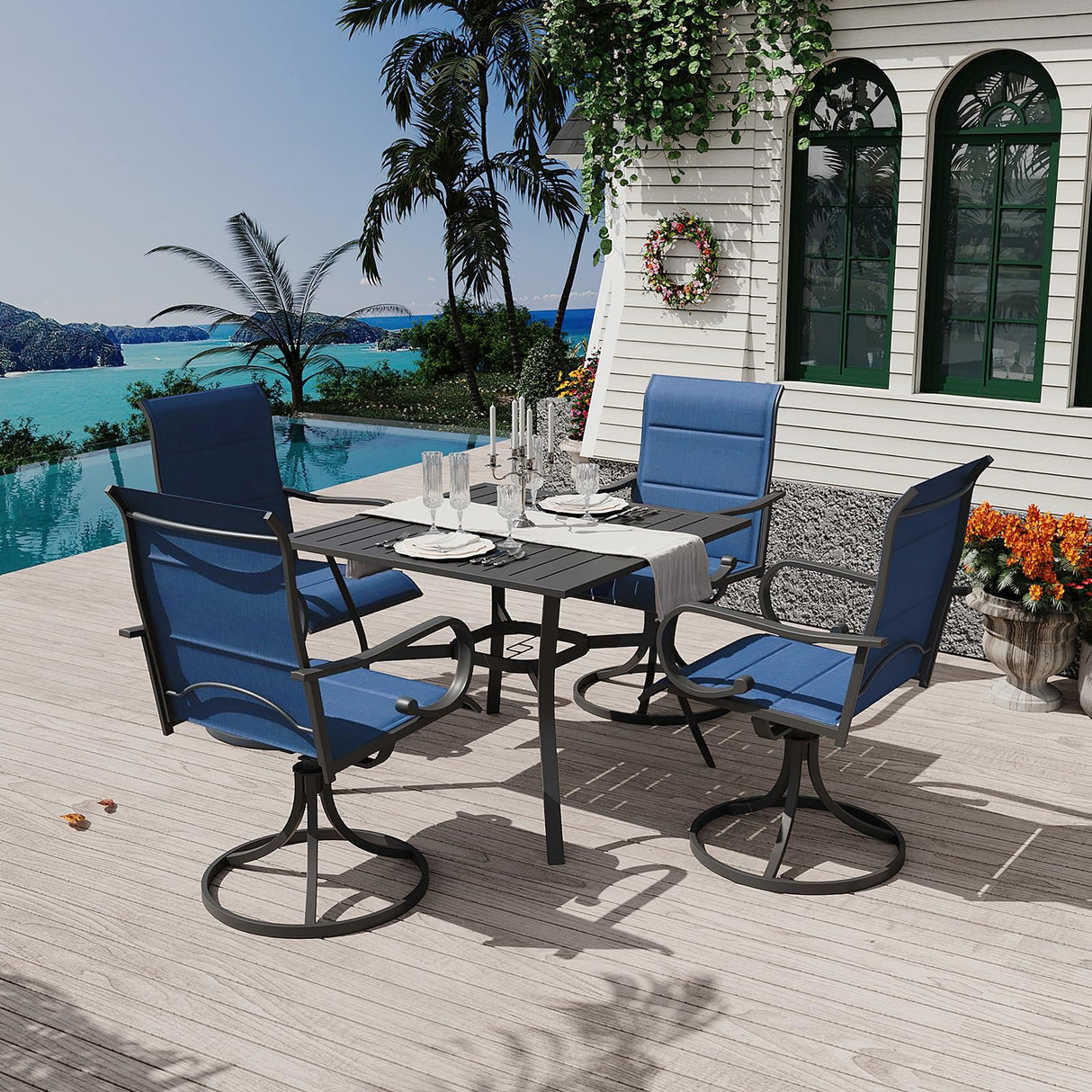 MELLCOM 5 Pieces Outdoor Dining Set, 4 Swivel Rocker Chairs with High Back Textilene & Square Metal Dining Table with Umbrella Hole, Patio Furniture Set for Porch, Garden, Backyard, Deck, Blue MELLCOM
