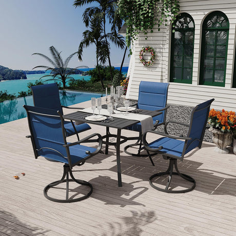 MELLCOM 5 Pieces Outdoor Dining Set, 4 Swivel Rocker Chairs with High Back Textilene & Square Metal Dining Table with Umbrella Hole, Patio Furniture Set for Porch, Garden, Backyard, Deck, Blue MELLCOM
