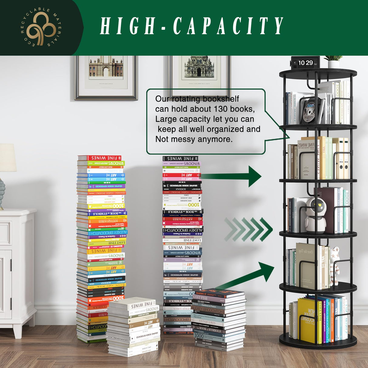 5Tier Rotating Bookshelf, 360 ° Display Stackable Spinning Bookshelf Tower, Narrow Space Saving Tall Floor Standing Swivel Bookcase Corner Storage Organizer for Bedroom/Living Room/Office，Black swlongbooks