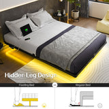 Queen Size Floating Bed Frame with USB Charging Station and LED Lights, Modern Metal Platform Bed Frame with Mattress Slide Stopper, Noise Free No Box Spring Needed and Easy Assembly Liians