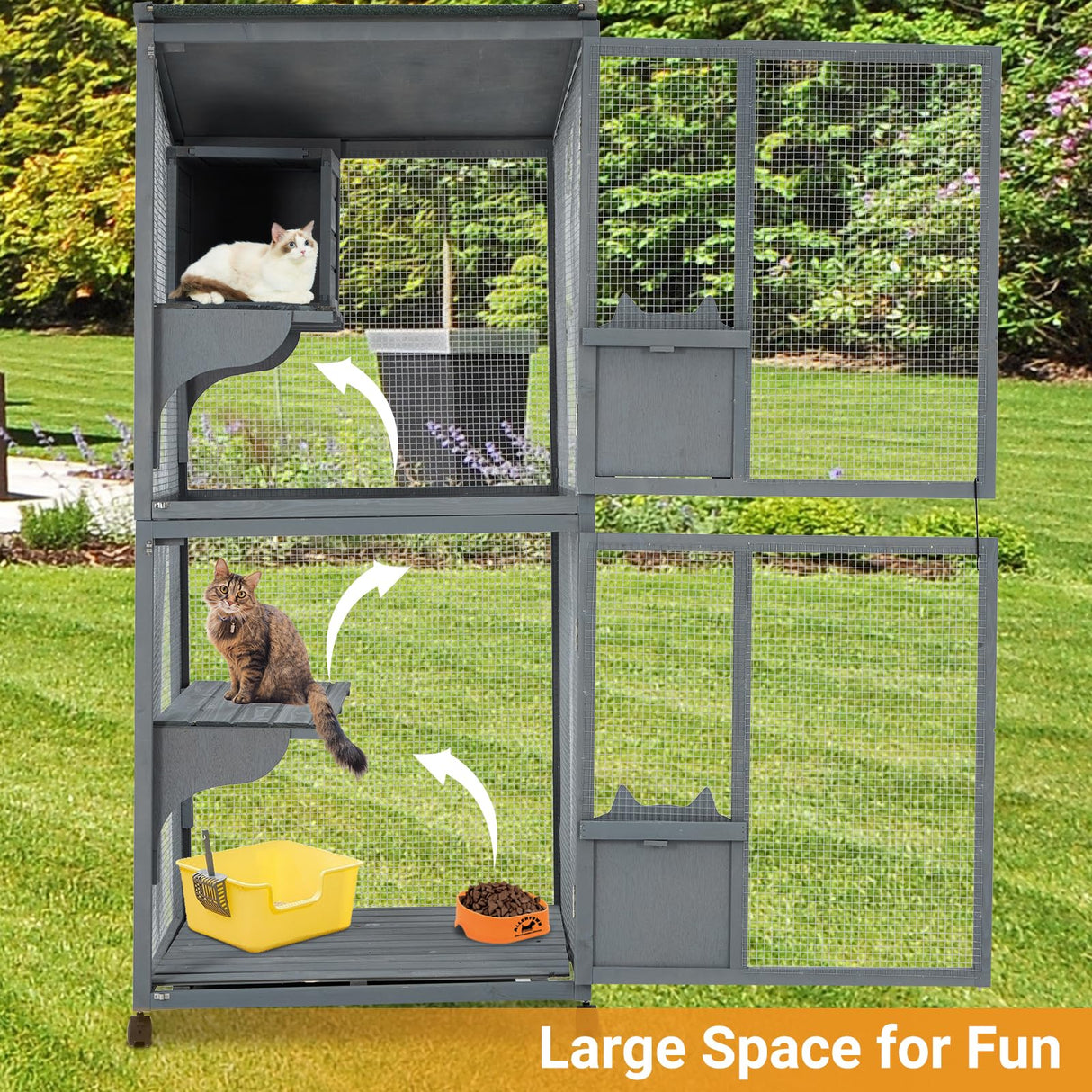 GarveeLife Large 2-Tier Outdoor Cat House, Small Animal Enclosure with 2 Lockable Doors, Catio with Waterproof Cover and Sunshine Panel Roof, Portable Kitty House with Resting Boxes & Fixable Wheels GarveeLife