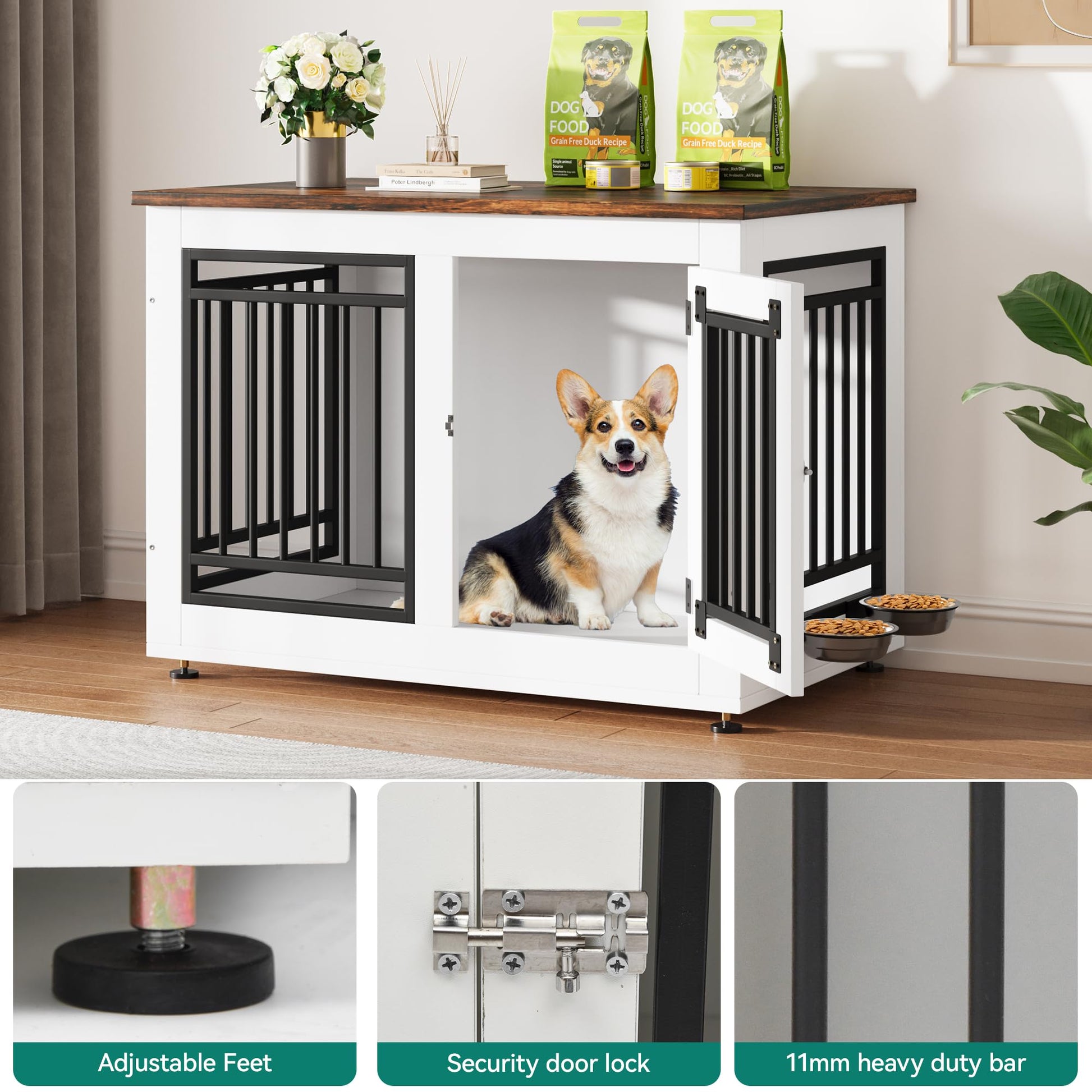 YITAHOME 35" Dog Crate Furniture, Wooden Dog Crate End Table for Medium Dogs up to 55 lbs, Indoor Double Door Dog Crate with Adjustable Feet and Removable Bowls(35" L x 20.4" W x 25.2" H) - WoodArtSupply