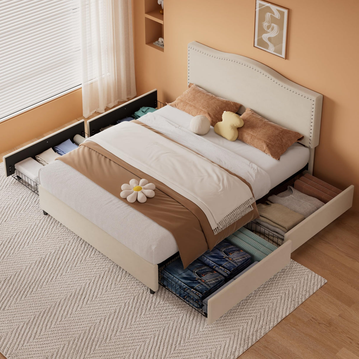 VECELO Queen Bed Frame, Platform Bed Frame with Underbed Storage Drawers and Adjustable Height Upholstered Headboard, Heavy-Duty Frame and Strong Wooden Slats Support, Noise-Free, Easy Assembly, Beige VECELO