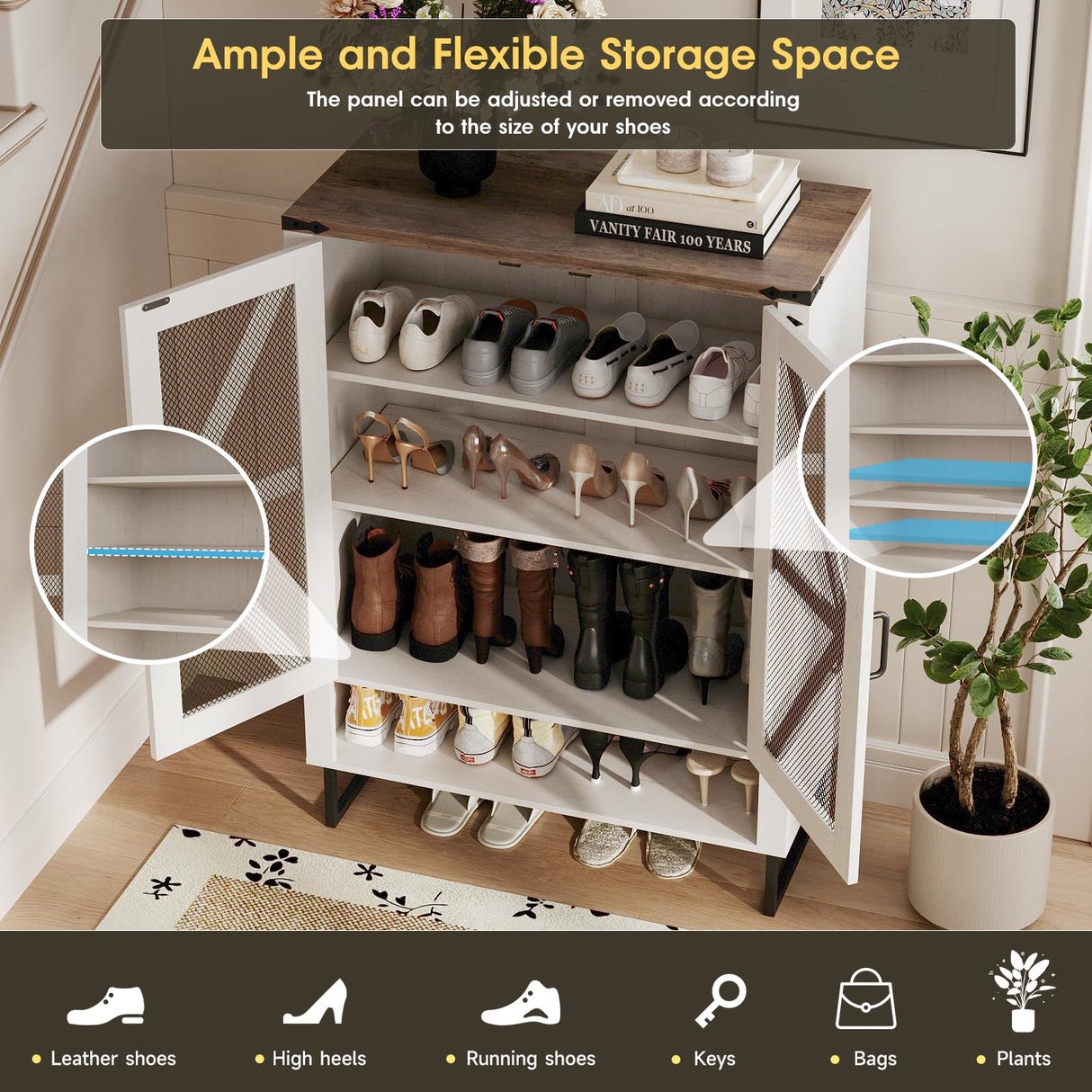 Maupvit Farmhouse Shoe Cabinet with Doors, 6-Tier Shoes Rack Shoe Storage Organizer with Adjustable Shelves & Metal Legs, Rustic Shoe Storage Cabinet for Entryway, Hallway, Closet, Living Room Maupvit