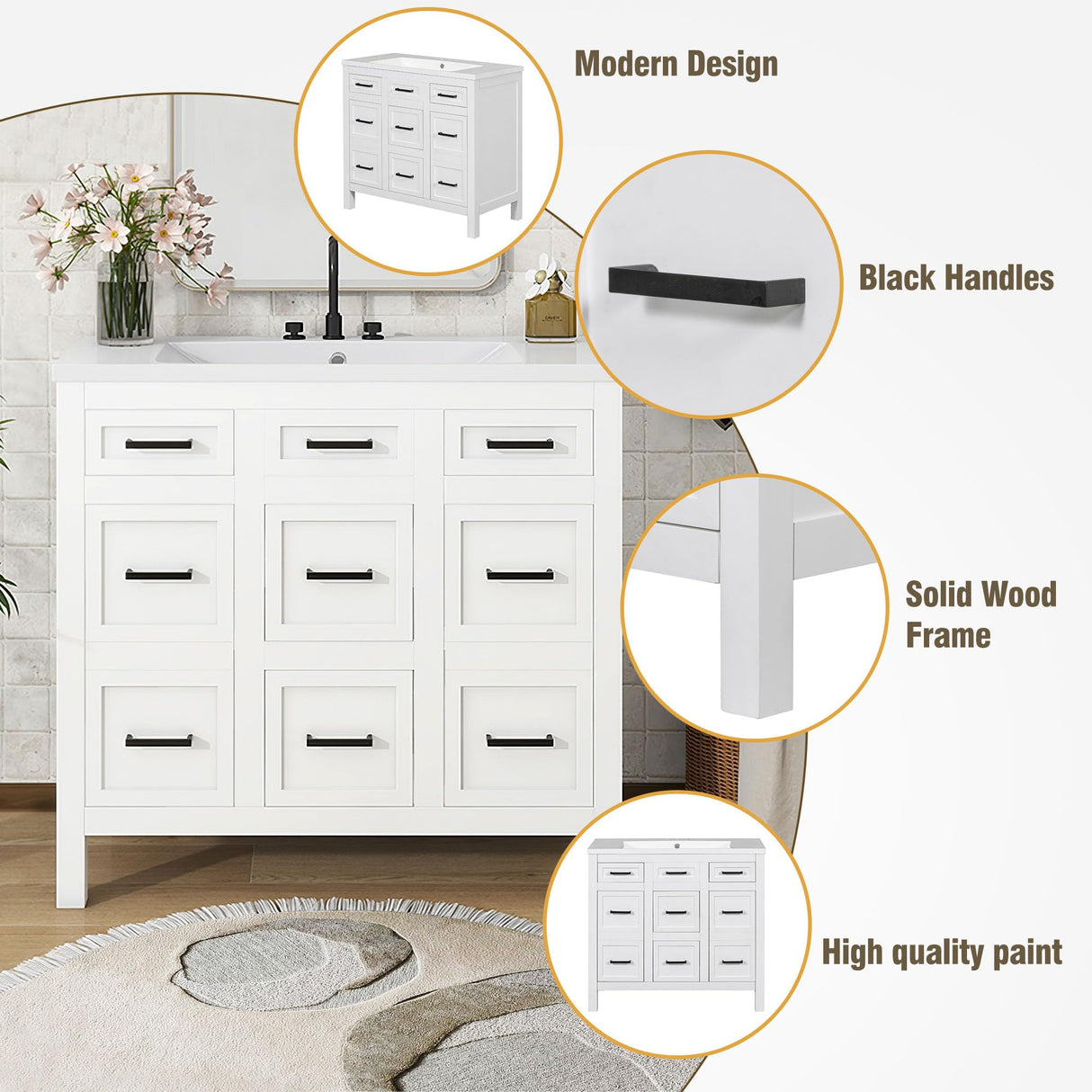 Harper & Bright Designs 36" Bathroom Vanity with Sink, Free Standing Single Basin Vanity Set with 2 Doors & 4 Drawers, Modern Wooden Bathroom Cabinet with Resin Basin for Bathroom, White Harper & Bright Designs
