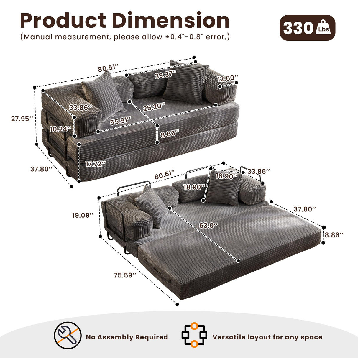 weaxty W 81" Convertible Sleeper Sofa Bed No Assembly - Corduroy Teddy Floor Couch with Fixed-Shape Frame - Boneless Foldable Loveseat for Small Spaces Living Room (Gray, Sofa Bed) weaxty W