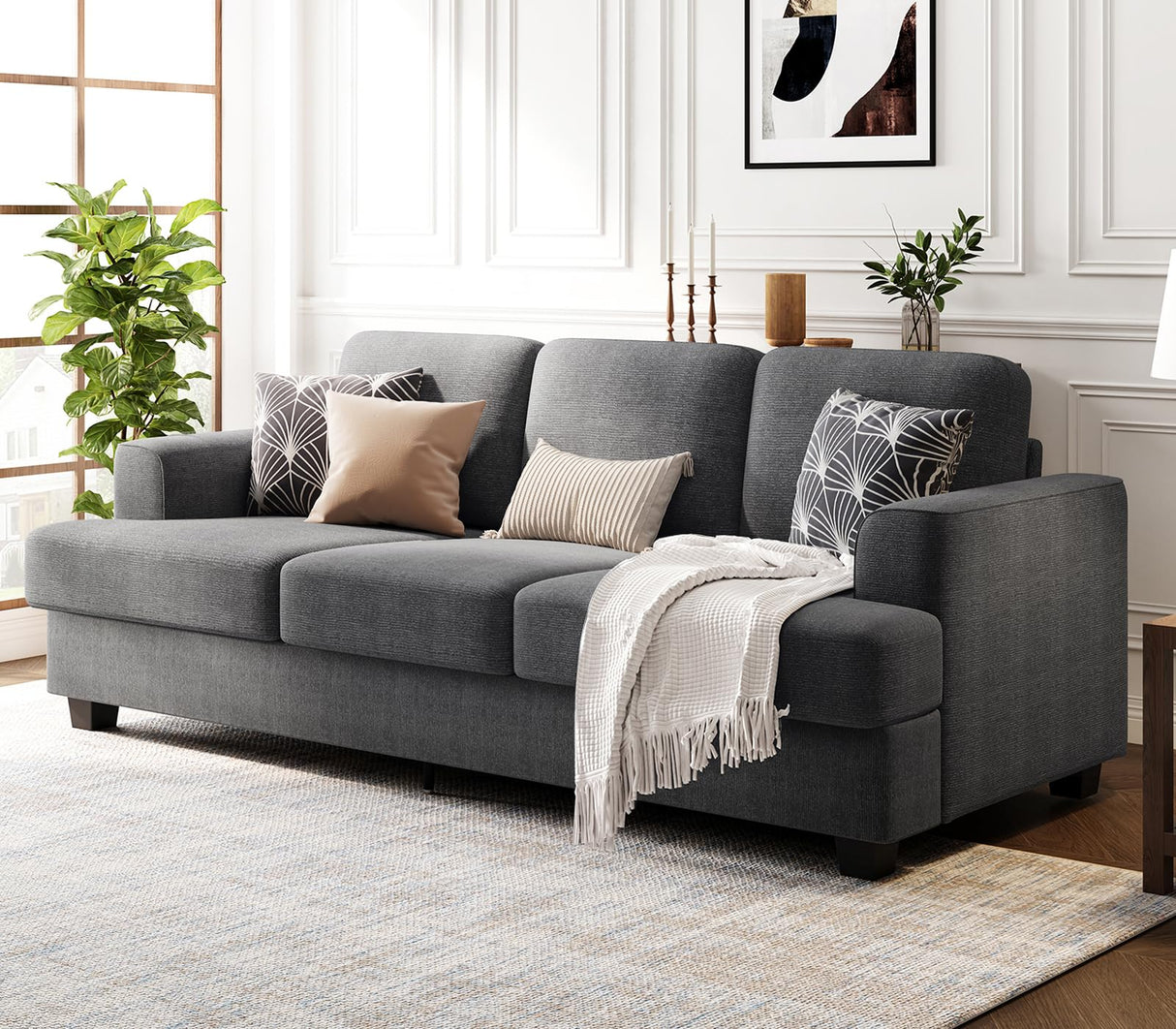 KKL 89 Inches Loveseat Sofa, Comfy Cloud Couch with Deep Seats, 3 Seater Couches for Living Room, Chenille Fabric, Wood Frame, Easy Assembly, Grey KKL