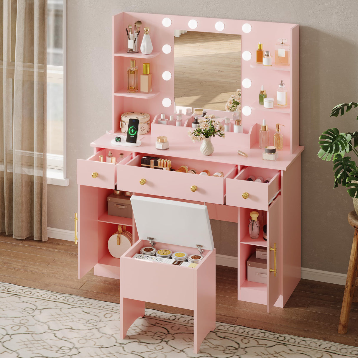 HUANLEGO Vanity Desk with Mirror and Lights,Pink Makeup Vanity with Charging Station & Vanity Stool, 3 Drawers and Cabinets White Vanity Mirror with RGB LED Lights Vanity Desk and Chair for Women HUANLEGO