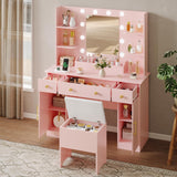 HUANLEGO Vanity Desk with Mirror and Lights,Pink Makeup Vanity with Charging Station & Vanity Stool, 3 Drawers and Cabinets White Vanity Mirror with RGB LED Lights Vanity Desk and Chair for Women HUANLEGO