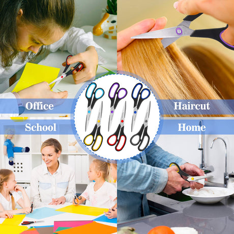 Scissors Set of 6-Pack, 8" Scissors All Purpose Comfort-Grip Handles Sharp Scissors for Office Home School Craft Sewing Fabric Supplies, High/Middle School Student Teacher Scissor, Right/Left Hand Sopeiouo