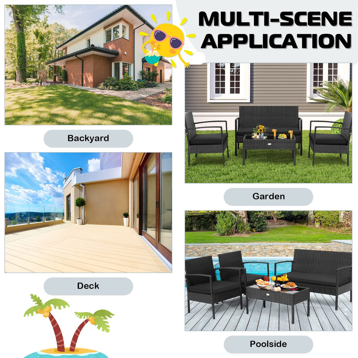 Tangkula 4 Piece Patio Rattan Conversation Set, Outdoor Wicker Furniture Set W/Glass Coffee Table, Solid Steel Structure, Ergonomic Seat, Suitable for Garden, Courtyard, Balcony, Poolside Tangkula