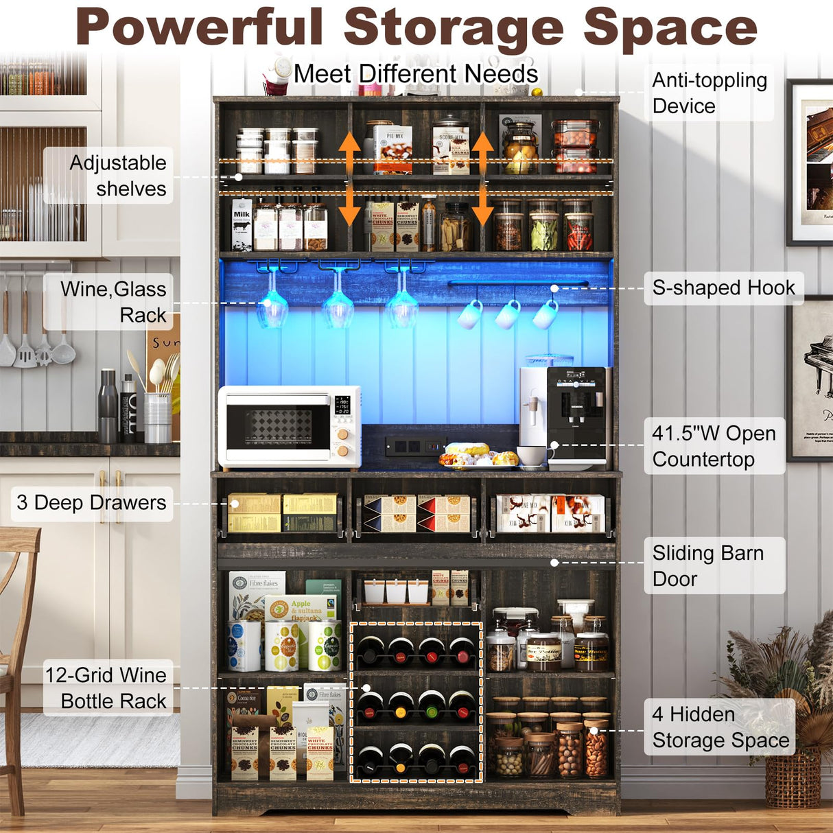 72" Coffee Bar Cabinet w/Power Outlet,LED Lights,Farmhouse Large Kitchen Hutch w/Sliding Barn Door,Tall Bar Cabinets w/4 Drawers & Wine Glass Rack,Pantry China Cabinet for Home,Dark Rustic Oak chartustriable